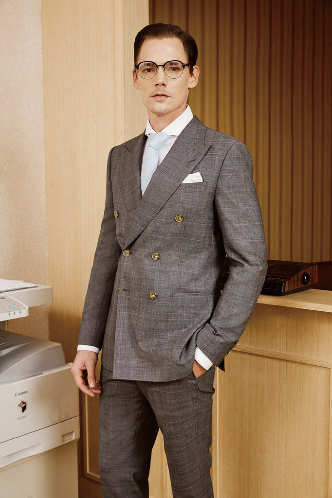 Classic Grey Double-Breasted Windowpane Suit